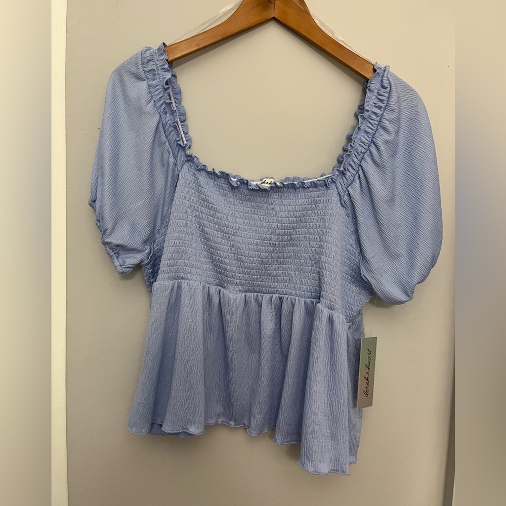 **Derek Heart Smocked Ruffle Top Short sleeve. Light blue. Size 2X. NWT.